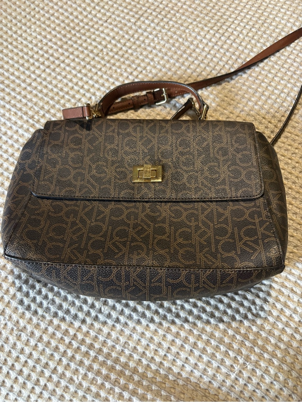 Calvin Klein monogram crossbody satchel turn lock purse handbag brown